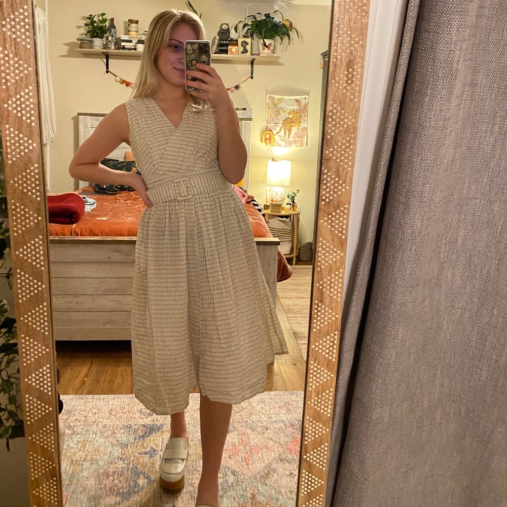 Vintage 1980s Beth Jordan White Floral Belted Pleated Dress - Picture 3 of 11